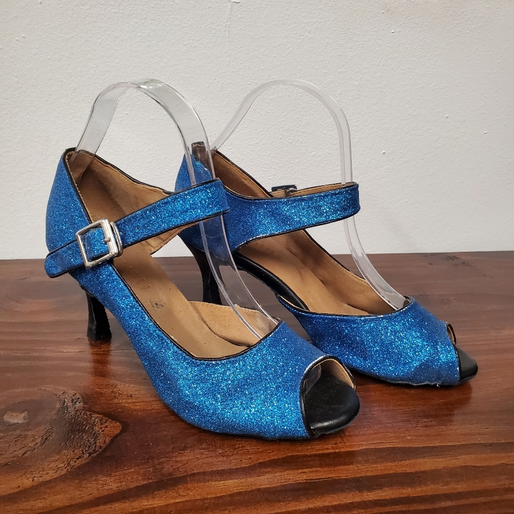 Burju Latin Dance Shoe Women's 9.5 Blue Glitter Sparkle Peep Toe Salsa